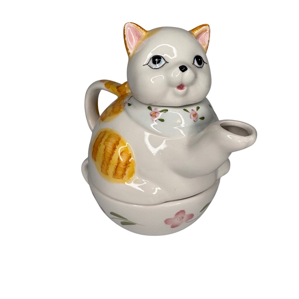 VTG Cottagecore Orange Tabby Cat Ceramic Tea For One Set Stackable Teapot & Cup